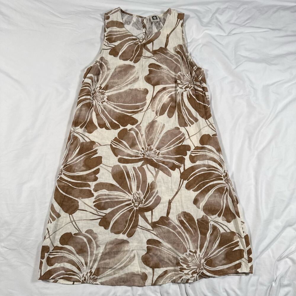 Anne Klein Floral Linen Dress Brown and Beige Loose Midi Dress Size 4